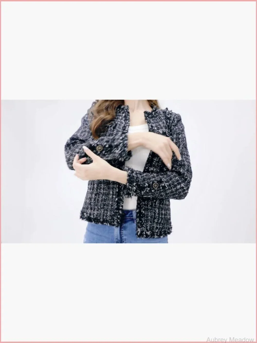 Vintage Chunky Tweed Plaid Blazer Open Front Fringed Casual Business Jacket